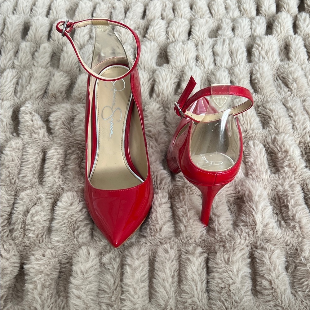 Jessica Simpson Red Patent Pointed Toe Ankle Strap Heels Size 7.5
